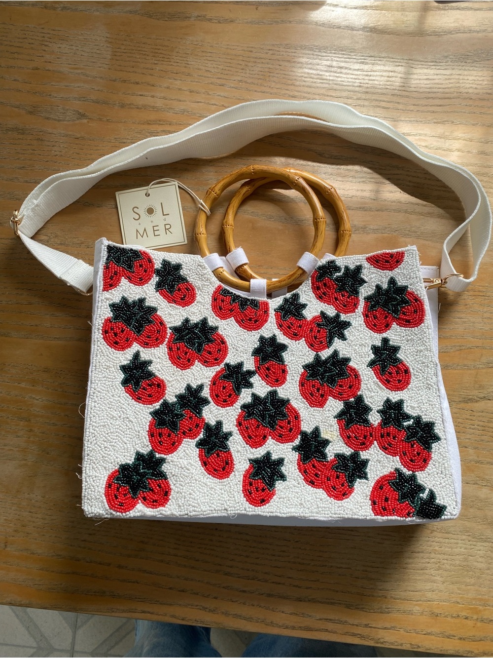 Sol and Mer White Beaded Tomato-Print Handbag with Bamboo Handles NWT